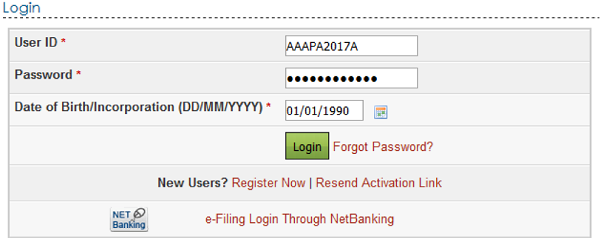 Login to e-Filing portal using User ID
