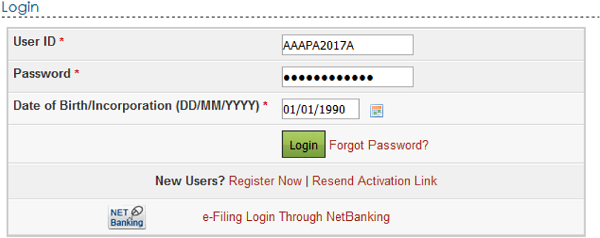 User ID, e-Filing Password and DOB DOI.