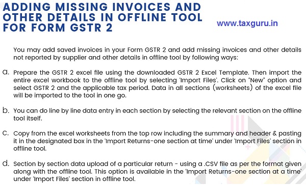 Taxpayers guide for Adding Missing Invoices and other details in offline tool for Form GSTR 2