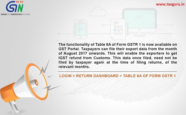 The functionality of Table 6A of Form GSTR 1 is now available on GST Portal