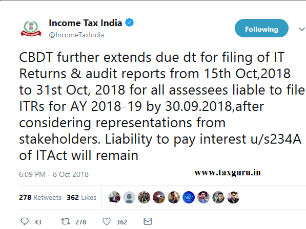 Cbdt Extends Tax Audit Due Date To 31st Oct 2018