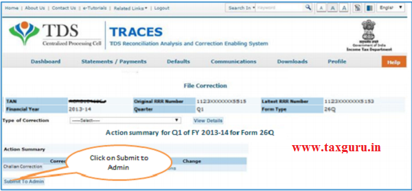 Action Summary –Submit to Admin User
