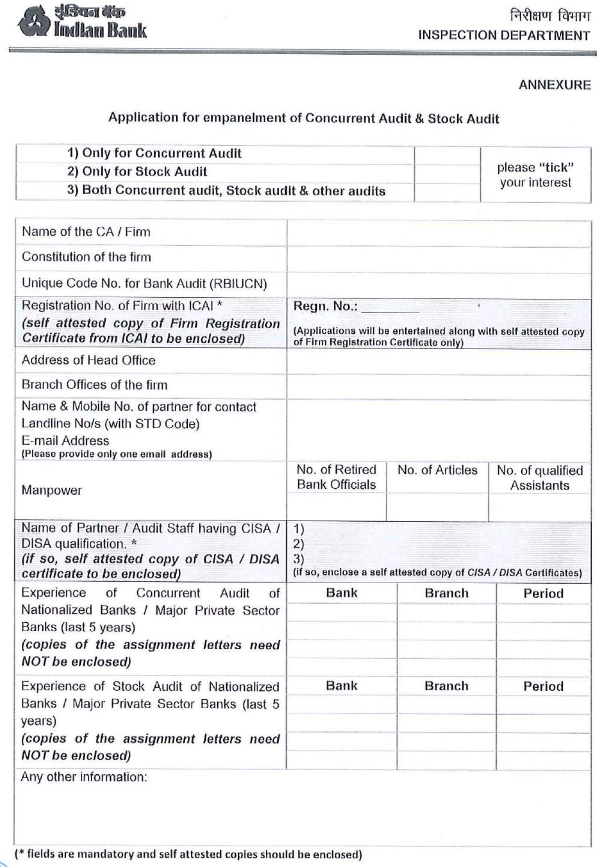 Application for empanelment of Concurrent Audit & Stock Audit- Indian Bank