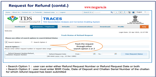 Choose “option 1 or Option 2” to search Refund Status