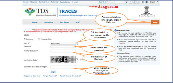 Login to TRACES website with User ID, Password and the Verification code