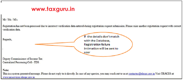 Non Completion of Registration – Rejection Message
