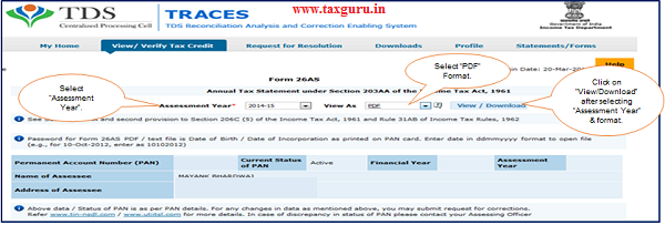 Step 1 Select “Assessment Year” and “Format – PDF” for Downloading Form 26AS 2