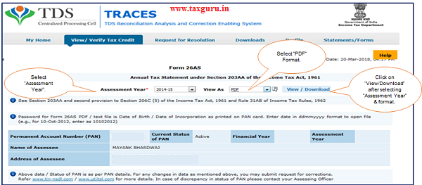 Step 1 Select “Assessment Year” and “Format – PDF” for Downloading Form 26AS