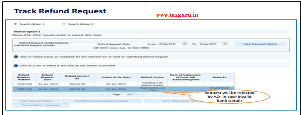 Step 11 (Contd.)Status will be rejected by AO or Refund Banker incase of Invalid Bank Details