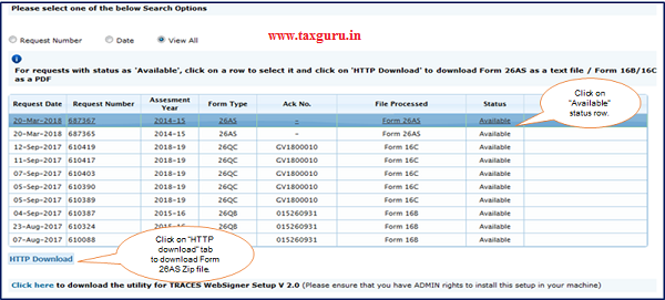 Step 5 Click on “Available” status row then click on “HTTP Download” tab to download Form 26AS Zip file.