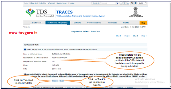 Step 6 Verification page Click on “Proceed” to continue TDS refund request