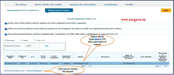 7. Pictorial guide of Track Request for Form 13- Non Resident