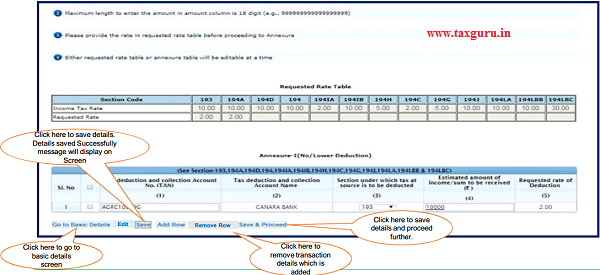 Click on ‘Add Row’ button to add transaction details in Annexure-I (No Lower Deduction).