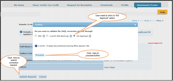 Click on “AO Approval” option if user want to do 26QC Correction with “AO Approval