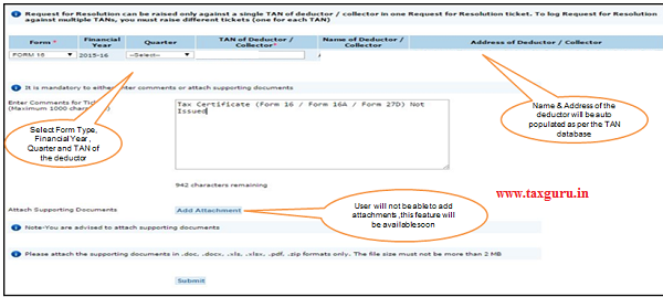 Raising  Request for Resolution Incase TDS Certificate (Form 16 16 A 27D) is not issued by the deductor (contd.)