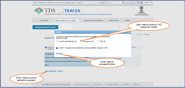 Step 1 Click on “AO Approval” option if user want to do 26QB Correction with “AO Approval”