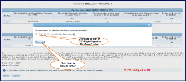 Step 1 Click on “DSC(Digital Signature Certificate)” option if user wants to validate the request with DSC