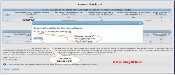 Step 1 Click on “DSC(Digital Signature Certificate)” option if user wants to validate the request with DSC