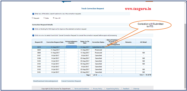 Step 10 User can check submitted correction status under “Track Correction Request” option under “StatementForms”