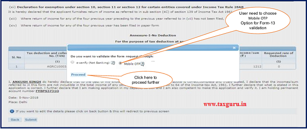 Step 11 User need to choose Mobile OTP option for Form-13 Valid