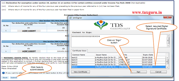 Step 2 After validating DSC(Digital Signature Certificate), Click on 'Submit'.