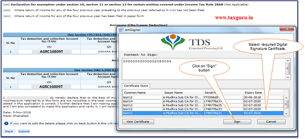 Step 2 After validating DSC(Digital Signature Certificate), Click on 'Submit