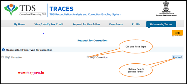 Step 2 (Contd.) Select the Form Type 26QC for correction