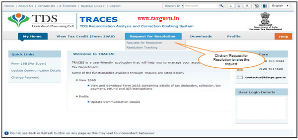 Step 2. Taxpayer will be redirected to the Landing Page, Select “Request for Resolution”