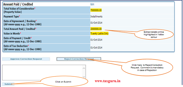 Step 2(Contd.) Click on Reject button to Reject Correction Request.