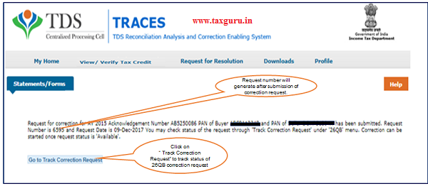 Step 3 (Contd.) Request number will generate after submission of Correction Request