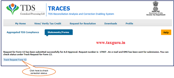 Step 3 Request for Form -13 will be submitted successfully
