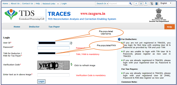 Step 5 After clicking on E-Verified Services on Traces, user gets navigated to the TRACES website with the Pre populated Username and PAN. User can login and continue 26QB correction.