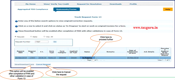 Step 5 (Contd.) Go to “ Track Request Form-13” option under “Statements
