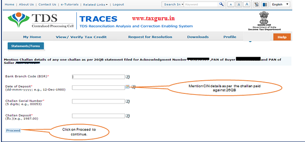Step 5 Mention CIN details as per challan paid against 26QB then click on “Proceed”