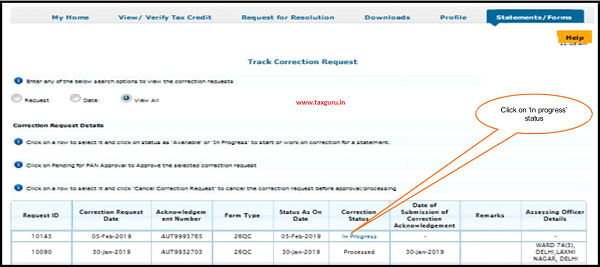 Step 6 Go to Track Correction Request option under