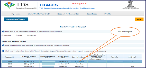 Step 6 Go to “ Track Correction Request” option under “Statements Forms