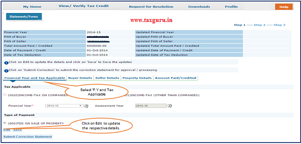 Step 6 User can select on “Financial Year and Tax applicable” option to change F.Y in 26QB