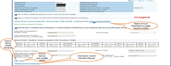 Step 6(Contd. ) Select “Amount Paid Credit” to update respective details