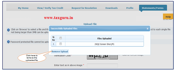 Step 8 (Contd.) User can remove the uploaded filed by clicking on 'Files Uploaded' button then select the required file and click on 'Remove upload
