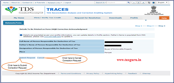 Step 8 Profile details will be populated as updated on Traces. Click on “Submit Request” to Submit Correction Request