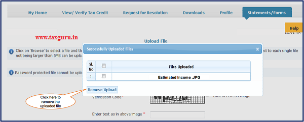 Step 8(Contd.) User can remove the uploaded filed by clicking on ‘Files Uploaded’ button then select the required file and click on ‘Remove upload’