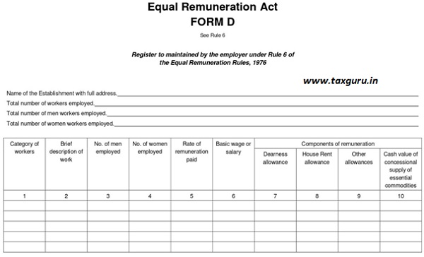 Equal Remuneration Act FORM D
