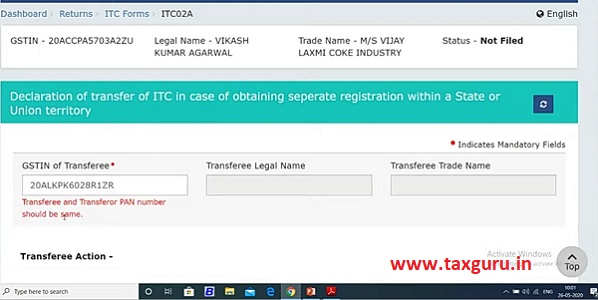 Declaration of transfer of ITC in case of obtaining seprate registration