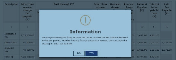 Information-warning Screen before submission and filing of GSTR 3B