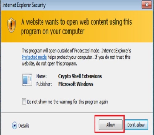 Internet Explorer Security dialogue box