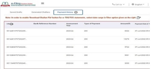 On e-Pay Tax page click on Payment History tab