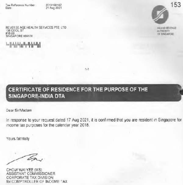 Certificate of Residence for The Purpose of The Singapore-India DTA - 2