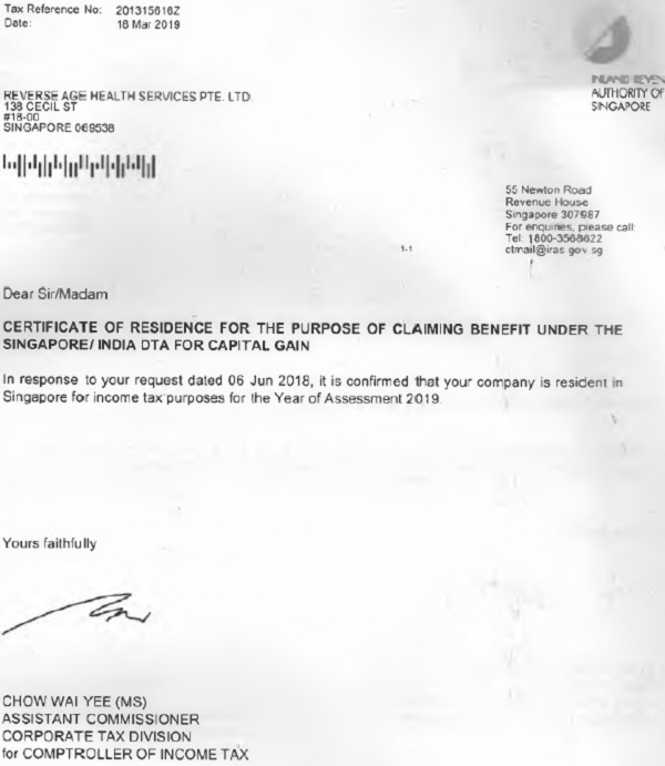 Certificate of Residence for The Purpose of claiming benefit under the Singapore And India DTA for capital gain