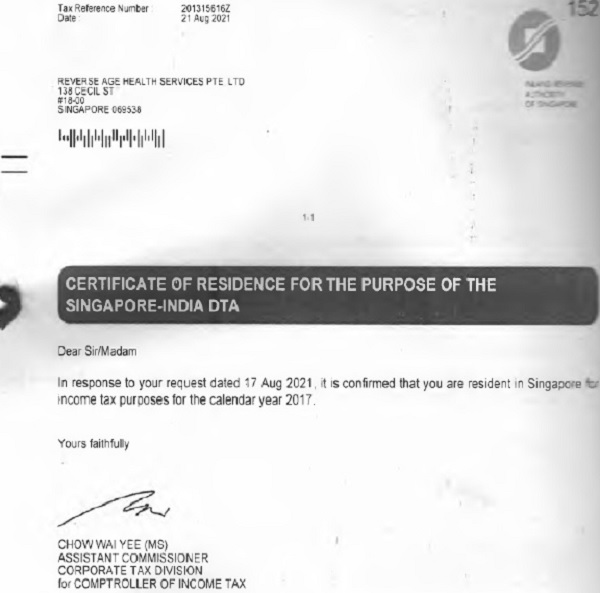 Certificate of Residence for the purpose of the Singapore-India DTA
