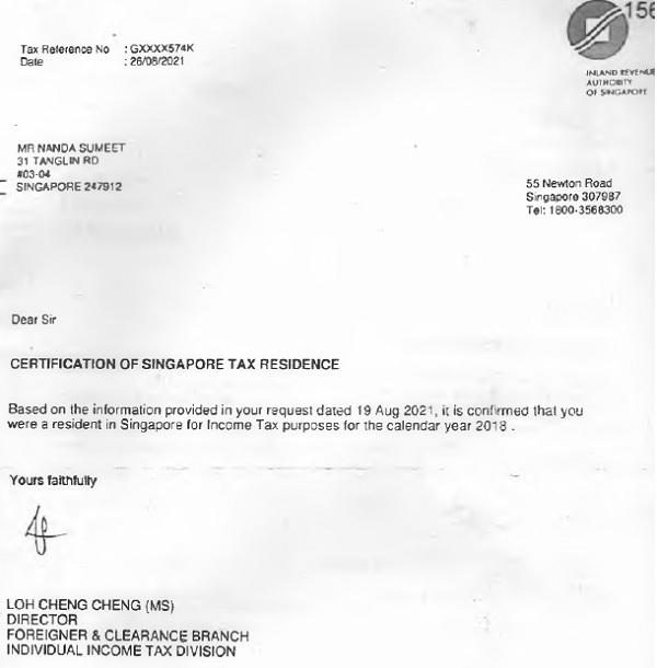 Certificate of Singapore Tax Residence 2